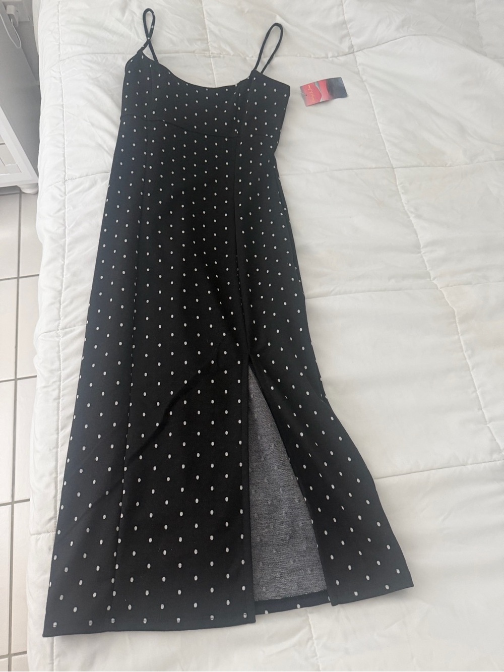 Black Polka Dot Maxi Slip Dress with Front Slit